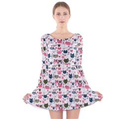 Adorable Seamless Cat Head Pattern01 Long Sleeve Velvet Skater Dress