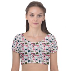 Adorable Seamless Cat Head Pattern01 Velvet Short Sleeve Crop Top  by TastefulDesigns