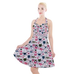 Adorable Seamless Cat Head Pattern01 Halter Party Swing Dress  by TastefulDesigns