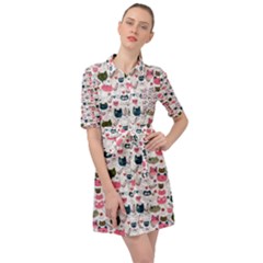 Adorable Seamless Cat Head Pattern01 Belted Shirt Dress by TastefulDesigns