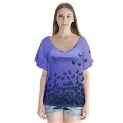 Gradient Butterflies Pattern, Flying Insects Theme V-neck Flutter Sleeve Top by Casemiro