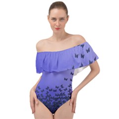 Gradient Butterflies Pattern, Flying Insects Theme Off Shoulder Velour Bodysuit  by Casemiro