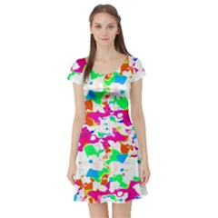 Bright Multicolored Abstract Print Short Sleeve Skater Dress