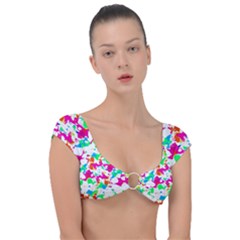 Bright Multicolored Abstract Print Cap Sleeve Ring Bikini Top