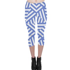 Geometric Blue And White Lines, Stripes Pattern Capri Leggings  by Casemiro