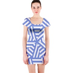 Geometric Blue And White Lines, Stripes Pattern Short Sleeve Bodycon Dress by Casemiro