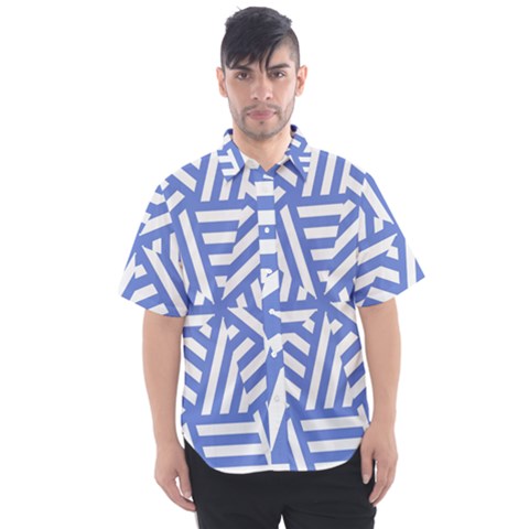 Geometric Blue And White Lines, Stripes Pattern Men s Short Sleeve Shirt by Casemiro