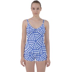 Geometric Blue And White Lines, Stripes Pattern Tie Front Two Piece Tankini by Casemiro