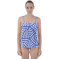 Geometric Blue And White Lines, Stripes Pattern Twist Front Tankini Set by Casemiro