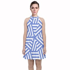 Geometric Blue And White Lines, Stripes Pattern Velvet Halter Neckline Dress  by Casemiro