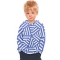 Geometric blue and white lines, stripes pattern Kids  Overhead Hoodie View1