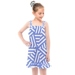 Geometric Blue And White Lines, Stripes Pattern Kids  Overall Dress by Casemiro