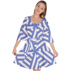 Geometric Blue And White Lines, Stripes Pattern Velour Kimono Dress by Casemiro