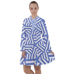 Geometric Blue And White Lines, Stripes Pattern All Frills Chiffon Dress