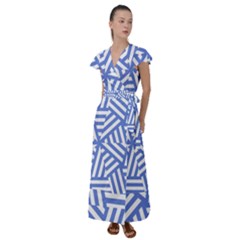 Geometric Blue And White Lines, Stripes Pattern Flutter Sleeve Maxi Dress by Casemiro