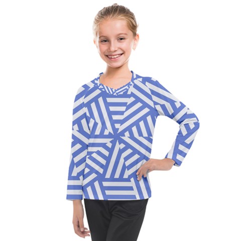 Geometric Blue And White Lines, Stripes Pattern Kids  Long Mesh Tee by Casemiro