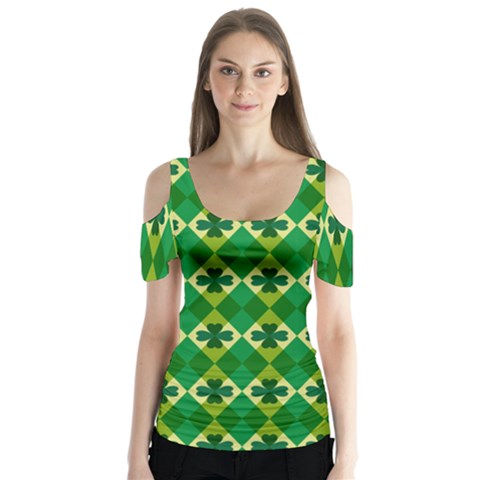 St Patricks Pattern Butterfly Sleeve Cutout Tee  by designsbymallika