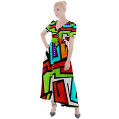 Graffitti Pattern Button Up Short Sleeve Maxi Dress