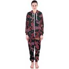 Red Dark Camo Abstract Print Hooded Jumpsuit (ladies)  by dflcprintsclothing