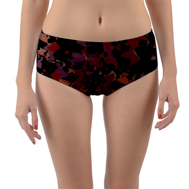 Red Dark Camo Abstract Print Reversible Mid-Waist Bikini Bottoms