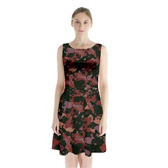 Red Dark Camo Abstract Print Sleeveless Waist Tie Chiffon Dress