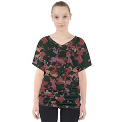 Red Dark Camo Abstract Print V-neck Dolman Drape Top