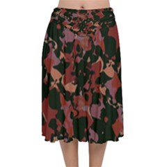 Red Dark Camo Abstract Print Velvet Flared Midi Skirt