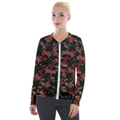 Red Dark Camo Abstract Print Velour Zip Up Jacket