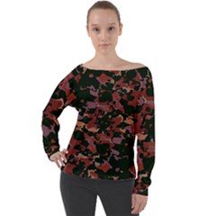 Red Dark Camo Abstract Print Off Shoulder Long Sleeve Velour Top