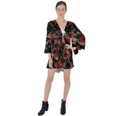 Red Dark Camo Abstract Print V-neck Flare Sleeve Mini Dress