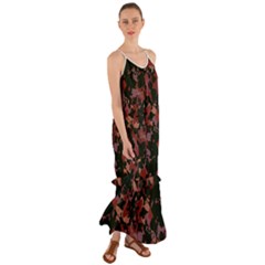 Red Dark Camo Abstract Print Cami Maxi Ruffle Chiffon Dress