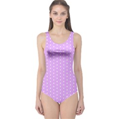 White Polka Dot Pastel Purple Background, Pink Color Vintage Dotted Pattern One Piece Swimsuit by Casemiro