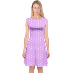 White Polka Dot Pastel Purple Background, pink color vintage dotted pattern Capsleeve Midi Dress