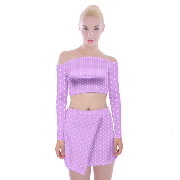 White Polka Dot Pastel Purple Background, pink color vintage dotted pattern Off Shoulder Top with Mini Skirt Set