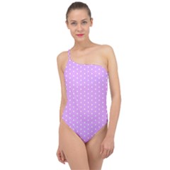 White Polka Dot Pastel Purple Background, pink color vintage dotted pattern Classic One Shoulder Swimsuit