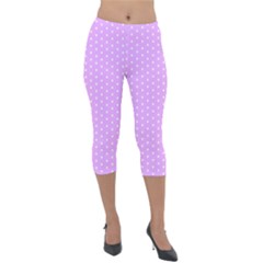 White Polka Dot Pastel Purple Background, pink color vintage dotted pattern Lightweight Velour Capri Leggings 