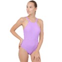 White Polka Dot Pastel Purple Background, pink color vintage dotted pattern High Neck One Piece Swimsuit View1