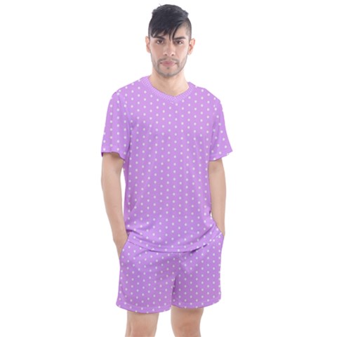 White Polka Dot Pastel Purple Background, Pink Color Vintage Dotted Pattern Men s Mesh Tee And Shorts Set by Casemiro