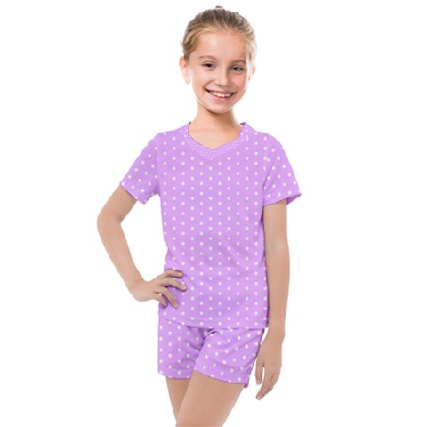 White Polka Dot Pastel Purple Background, Pink Color Vintage Dotted Pattern Kids  Mesh Tee And Shorts Set by Casemiro