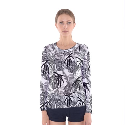 Black And White Leafs Pattern, Tropical Jungle, Nature Themed Women s Long Sleeve Tee by Casemiro