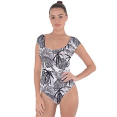 Black And White Leafs Pattern, Tropical Jungle, Nature Themed Short Sleeve Leotard  by Casemiro