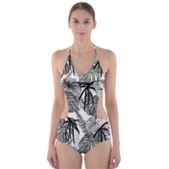 Black And White Leafs Pattern, Tropical Jungle, Nature Themed Cut-out One Piece Swimsuit