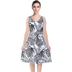 Black And White Leafs Pattern, Tropical Jungle, Nature Themed V-neck Midi Sleeveless Dress  by Casemiro