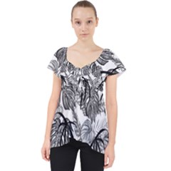 Black And White Leafs Pattern, Tropical Jungle, Nature Themed Lace Front Dolly Top by Casemiro