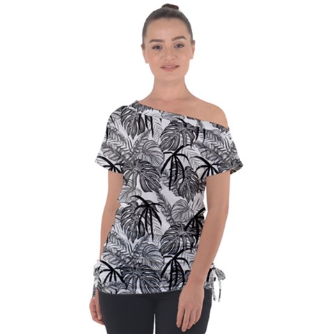 Black And White Leafs Pattern, Tropical Jungle, Nature Themed Tie-up Tee by Casemiro