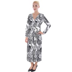 Black And White Leafs Pattern, Tropical Jungle, Nature Themed Velvet Maxi Wrap Dress by Casemiro