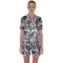 Black And White Leafs Pattern, Tropical Jungle, Nature Themed Satin Short Sleeve Pyjamas Set by Casemiro