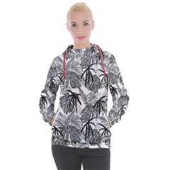 Black And White Leafs Pattern, Tropical Jungle, Nature Themed Women s Hooded Pullover by Casemiro