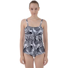 Black And White Leafs Pattern, Tropical Jungle, Nature Themed Twist Front Tankini Set by Casemiro