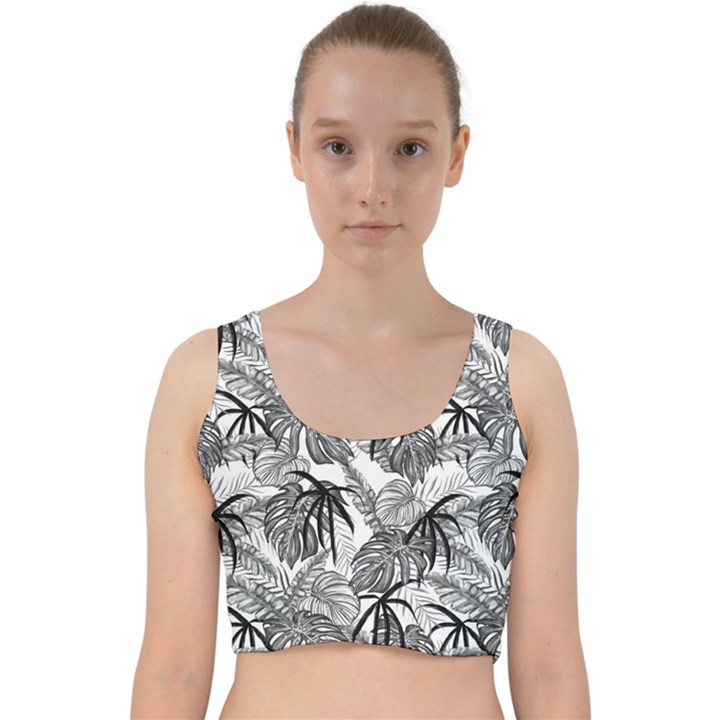 Black and white leafs pattern, tropical jungle, nature themed Velvet Racer Back Crop Top